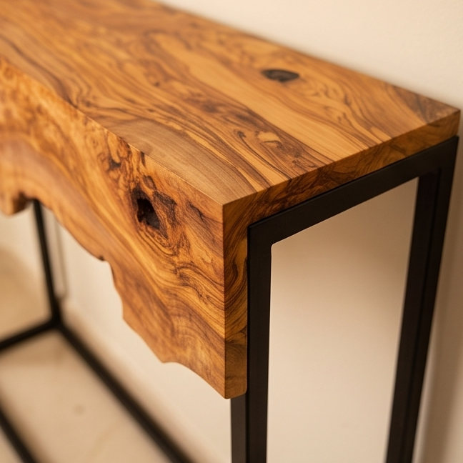 Luxury Live Edge Olive Wood Console Table - Slim Industrial Entryway Table