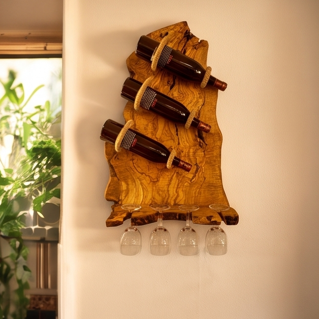 Rustic Olive Wood Wall Mounted Wine Bottle Holder & Goblet Rack