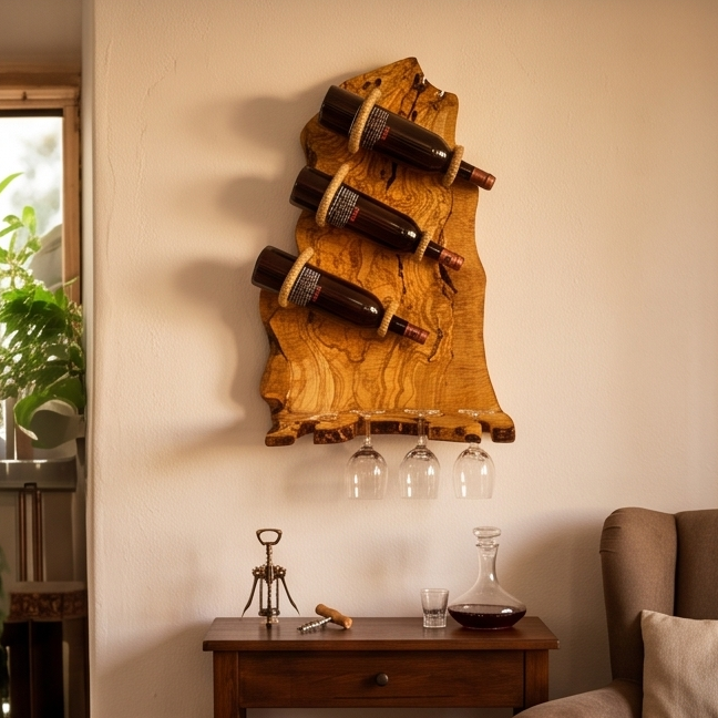 Bespoke Live-Edge Olive Wood Wall Wine Display & Sculptural Goblet Rack