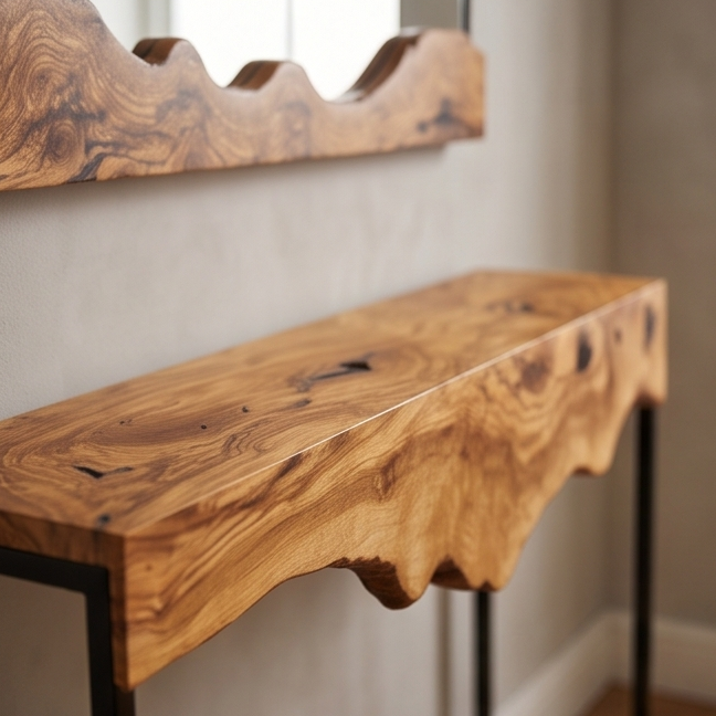 Luxury Live Edge Olive Wood Console Table - Slim Industrial Entryway Table