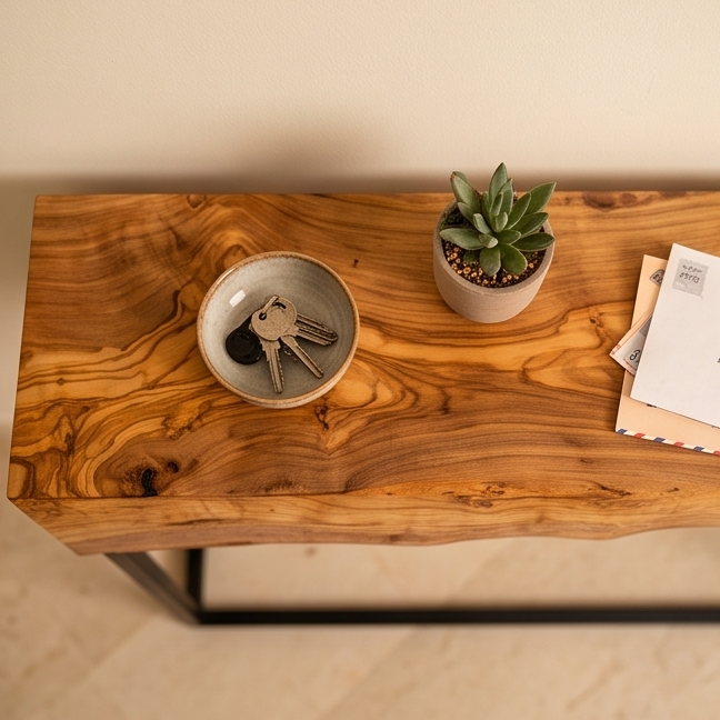 Luxury Live Edge Olive Wood Console Table - Slim Industrial Entryway Table