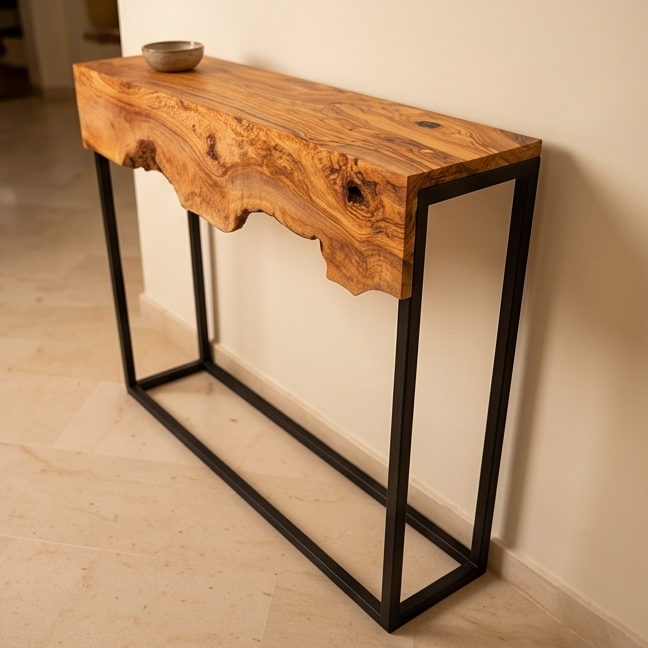Luxury Live Edge Olive Wood Console Table - Slim Industrial Entryway Table