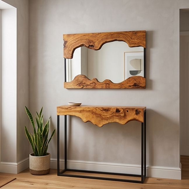 Hand made olive wood mirror and console table set