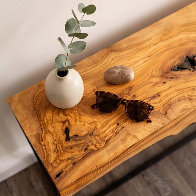Luxury Live Edge Olive Wood Console Table - Slim Industrial Entryway Table