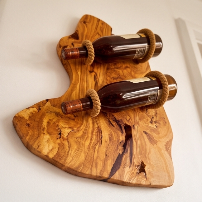 Bespoke Live-Edge Olive Wood Wall Wine Display & Sculptural Goblet Rack
