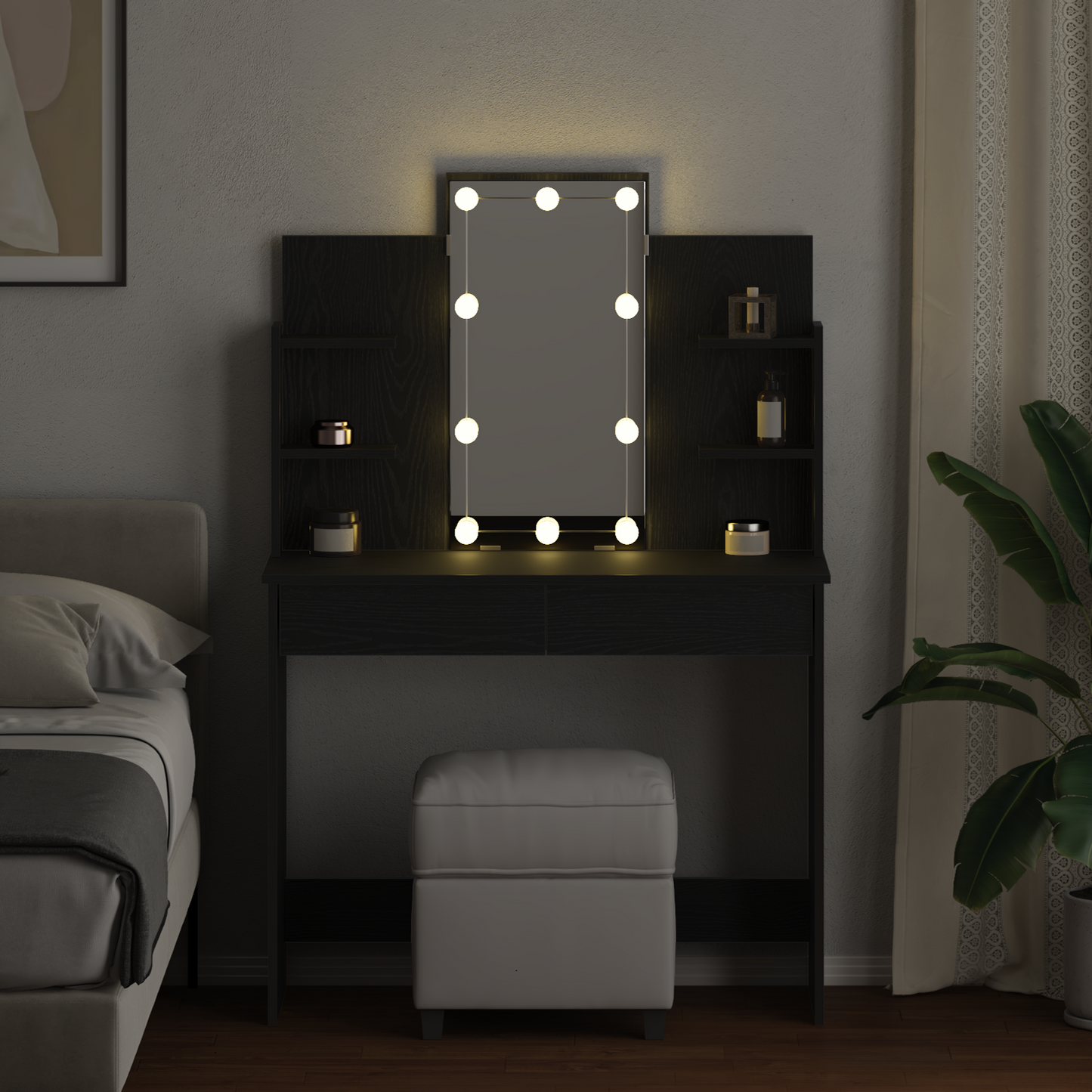 Modern Wooden Dressing Table Makeup Vanity Desk With LED Mirror & Drawers