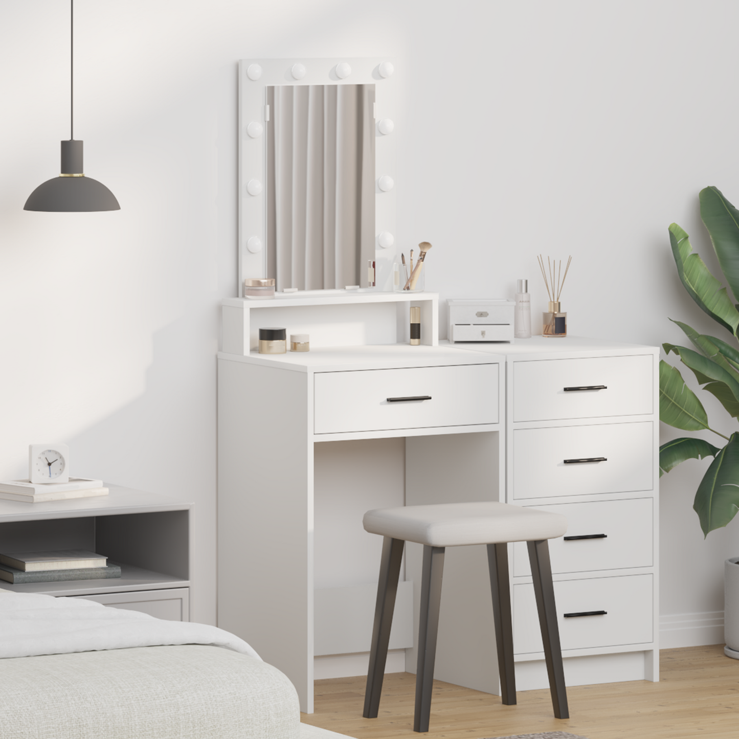 Modern Wooden Narrow Dressing Table Makeup Vanity Desk With LED Mirror & Drawer