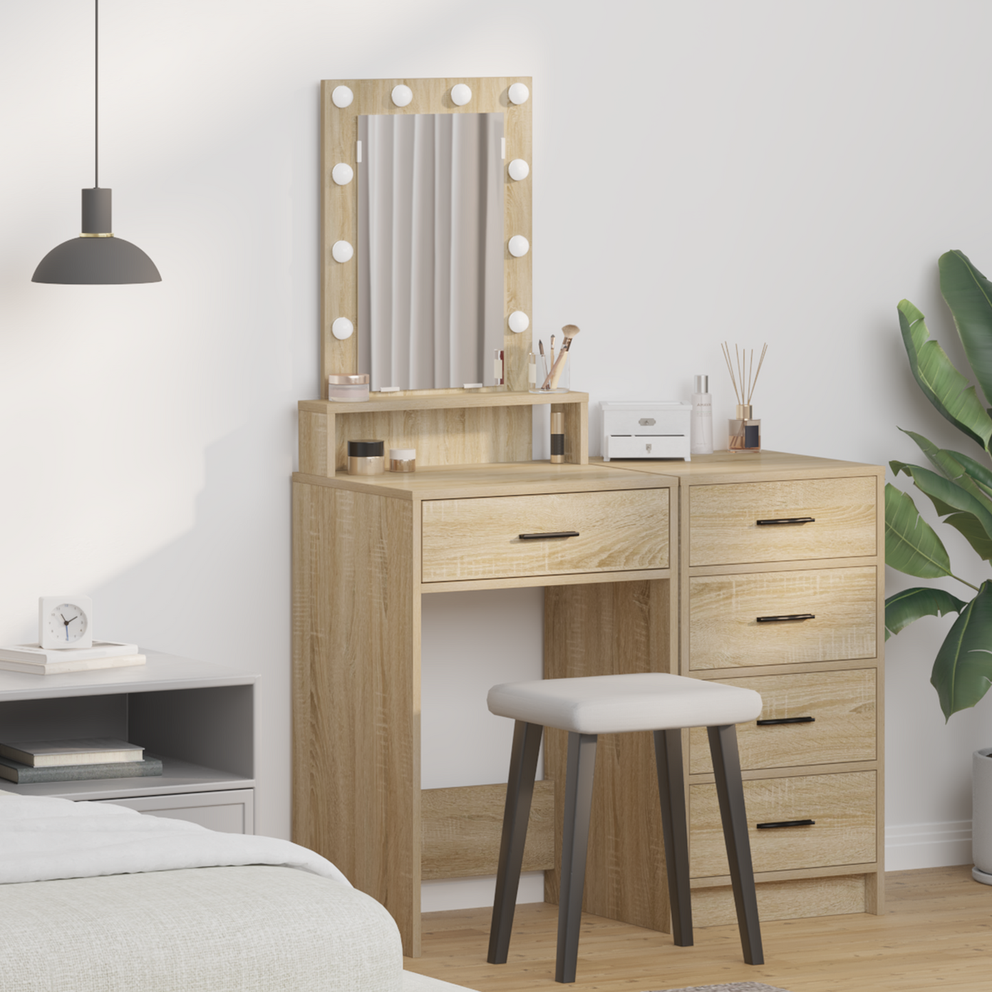 Modern Wooden Narrow Dressing Table Makeup Vanity Desk With LED Mirror & Drawer