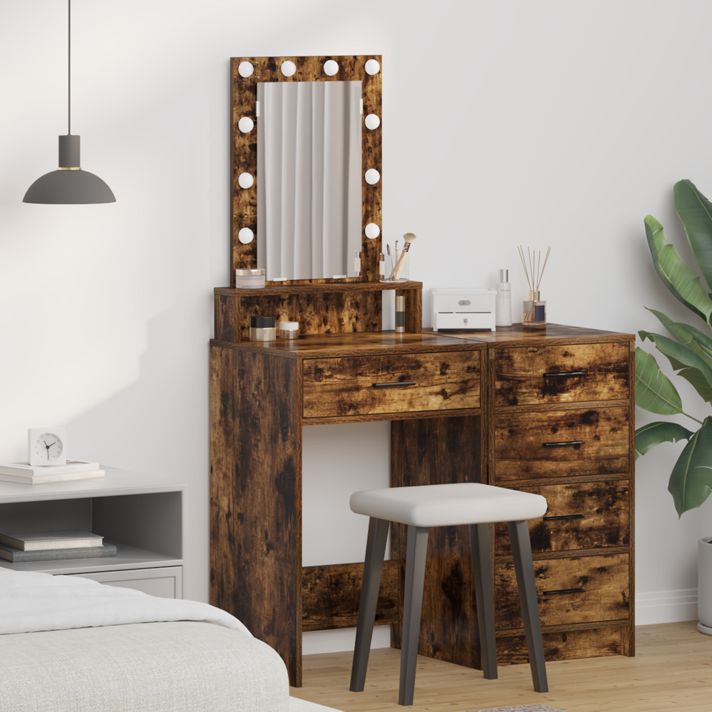 Modern Wooden Narrow Dressing Table Makeup Vanity Desk With LED Mirror & Drawer