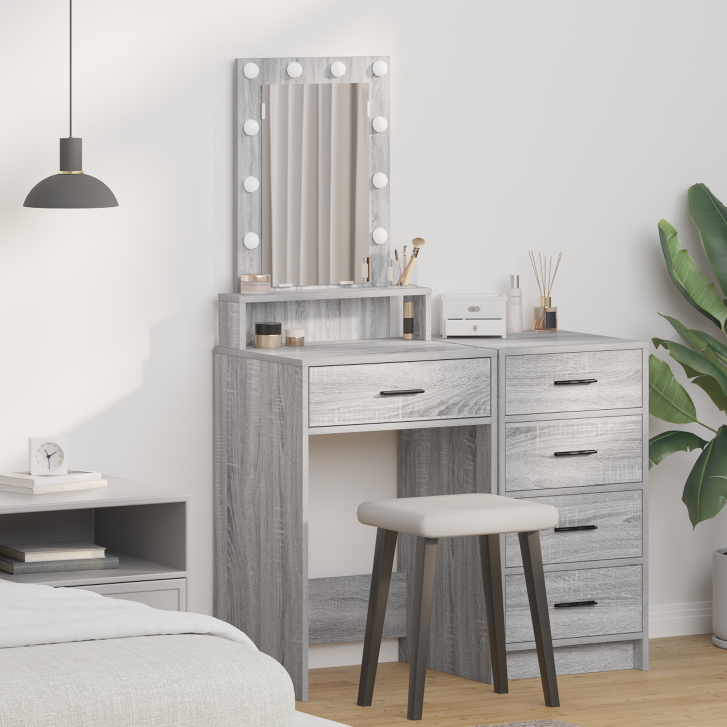 Modern Wooden Narrow Dressing Table Makeup Vanity Desk With LED Mirror & Drawer