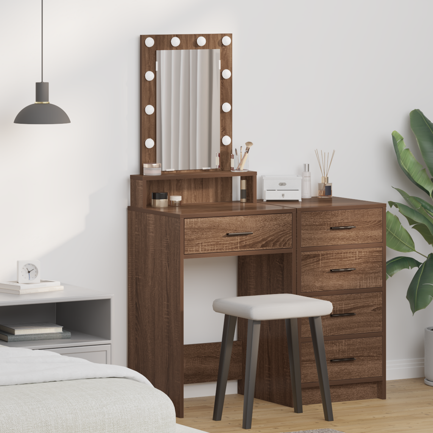 Modern Wooden Narrow Dressing Table Makeup Vanity Desk With LED Mirror & Drawer