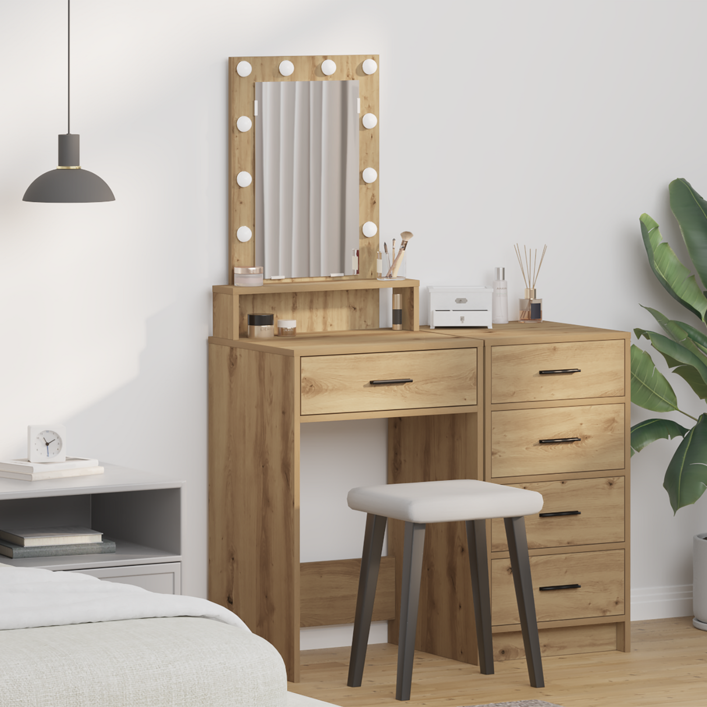 Modern Wooden Narrow Dressing Table Makeup Vanity Desk With LED Mirror & Drawer