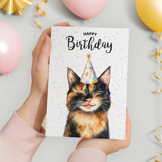 Birthday Card For Him or Her Of A Tortoiseshell Cat Illustration For Him or Her Birthday Gift