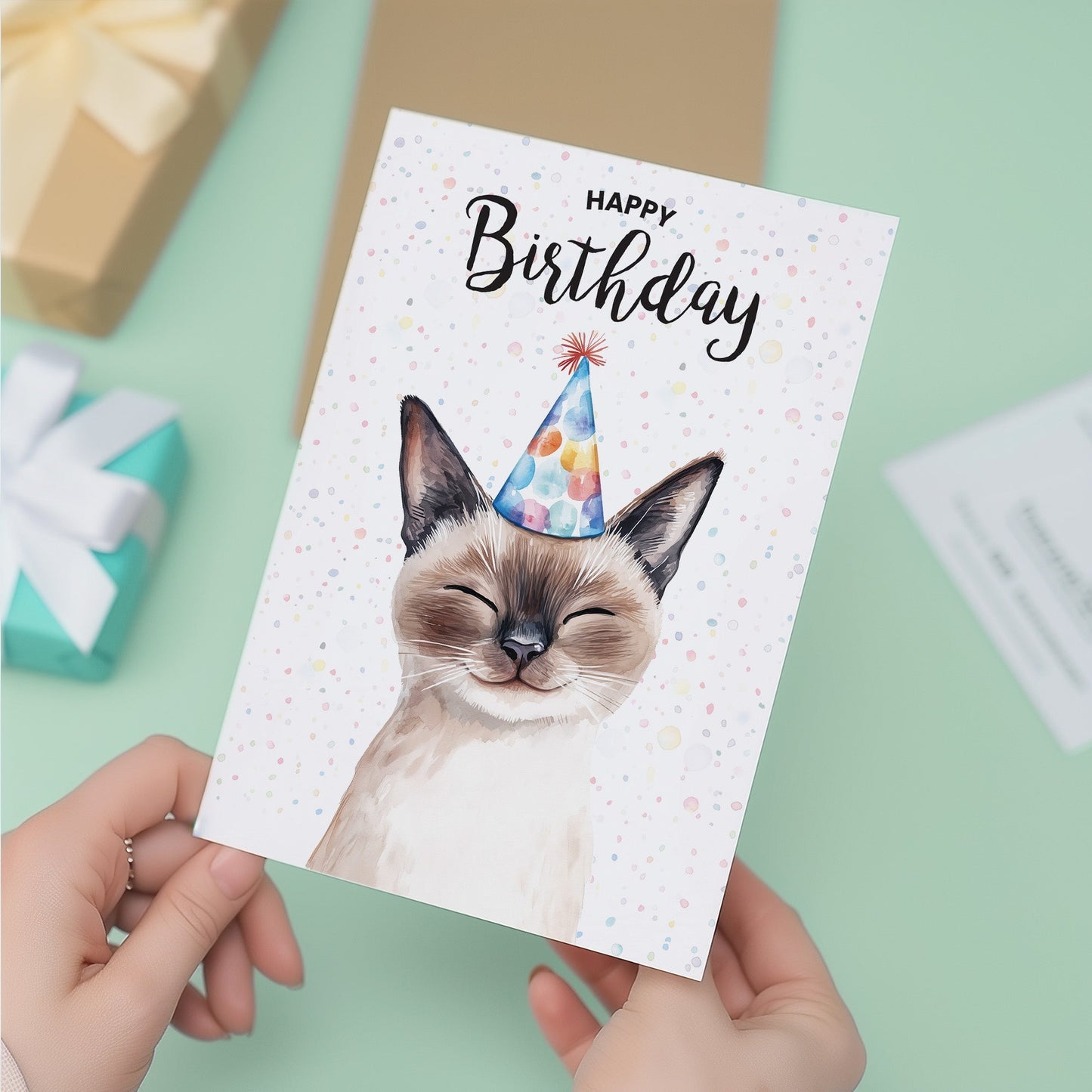 Birthday Card For Him or Her Of A Siamese Cat Illustration For Him or Her Birthday Gift