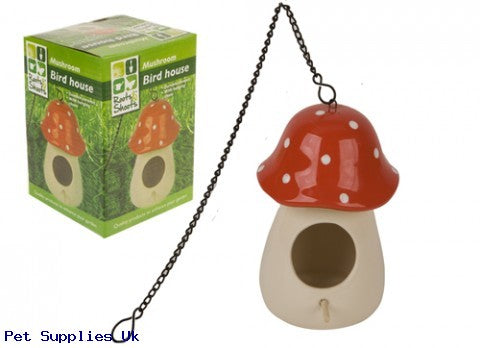 MED RED TOP POTTERY MUSHROOM  BIRD HOUSE W/CHAIN IN BOX
