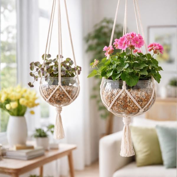 4 Pack Macrame Plant Hangers with Hooks for Indoor & Outdoor Pots
