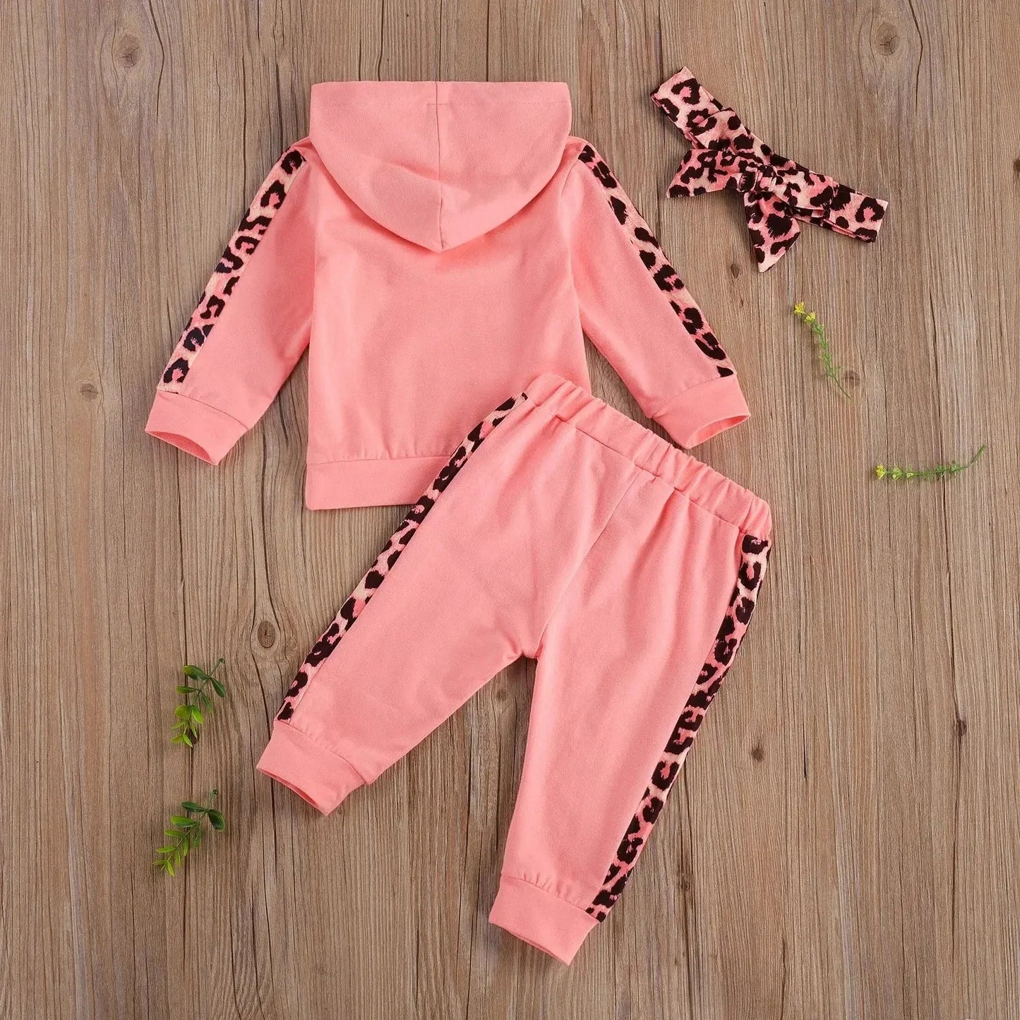 Infant Baby Girl 3-Piece Outfit Set - Hooded T-shirt, Long Pants, and Headband - Letter Print, Leopard Stitching - Spring/Fall Clothes