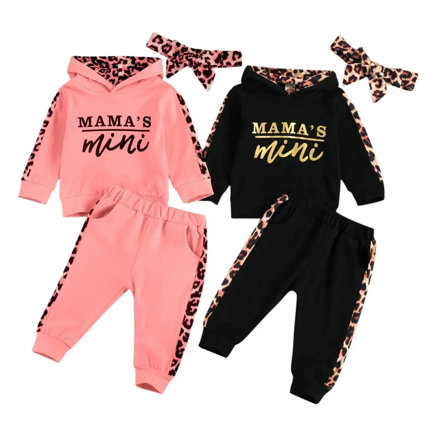 Infant Baby Girl 3-Piece Outfit Set - Hooded T-shirt, Long Pants, and Headband - Letter Print, Leopard Stitching - Spring/Fall Clothes