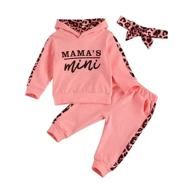 Infant Baby Girl 3-Piece Outfit Set - Hooded T-shirt, Long Pants, and Headband - Letter Print, Leopard Stitching - Spring/Fall Clothes