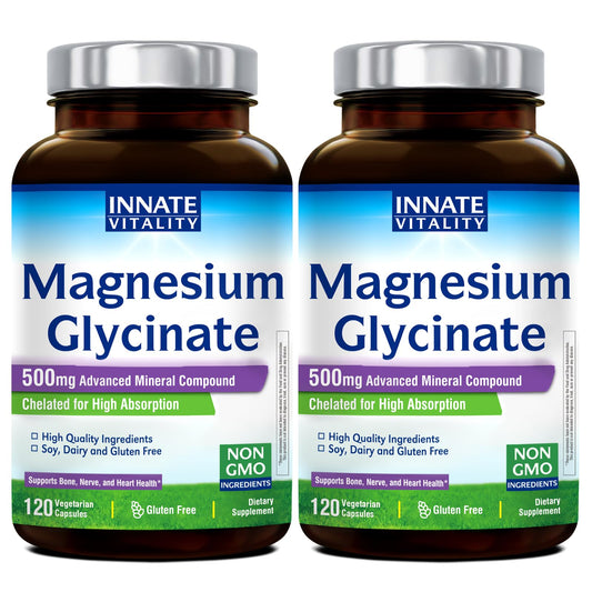 Innate Vitality Magnesium Glycinate 500mg – 70mg Elemental Magnesium, High Absorption | Non-GMO, Gluten-Free | Supports Nerve, Heart & Bone Health | 240 Vegan Capsules