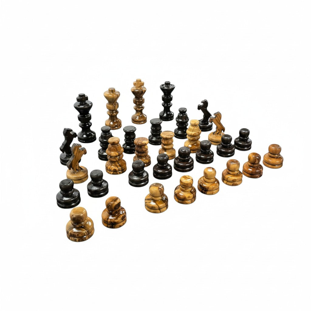 Handcrafted Olive Wood Chess Pieces Set of 32 - Wooden Chessmen