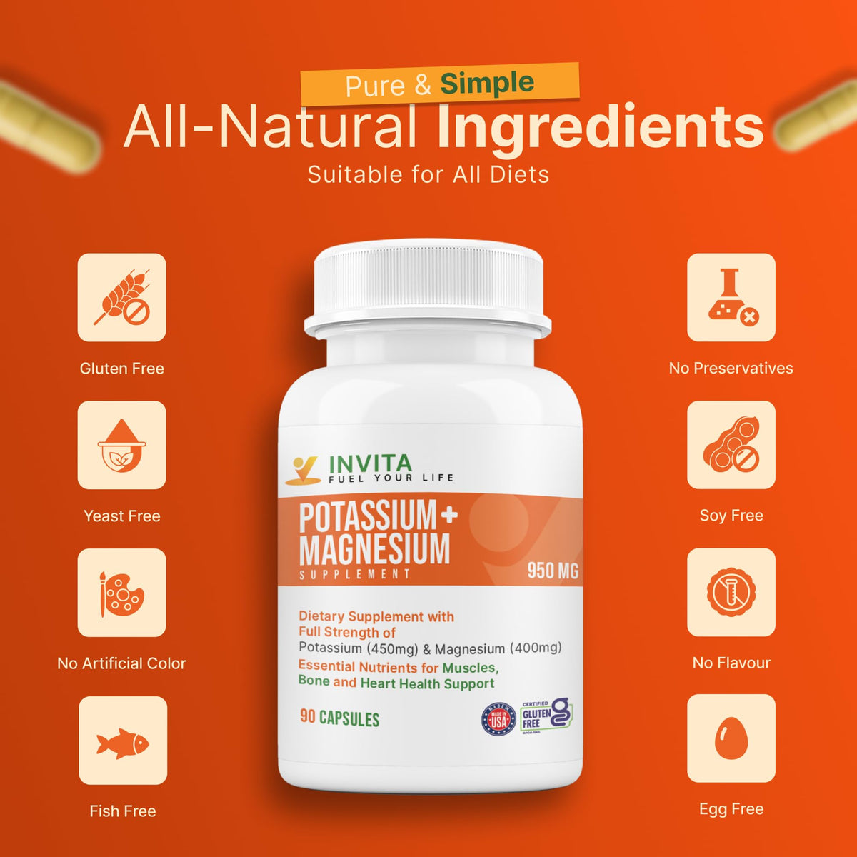 Invita Potassium Magnesium – 180 Capsules, High Absorption, Non-GMO, Gluten Free