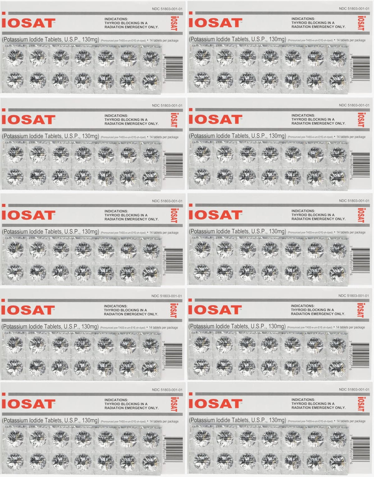 iOSAT Potassium Iodide Tablets 130 mg – 14 Tablets per Pack, 10 Packs
