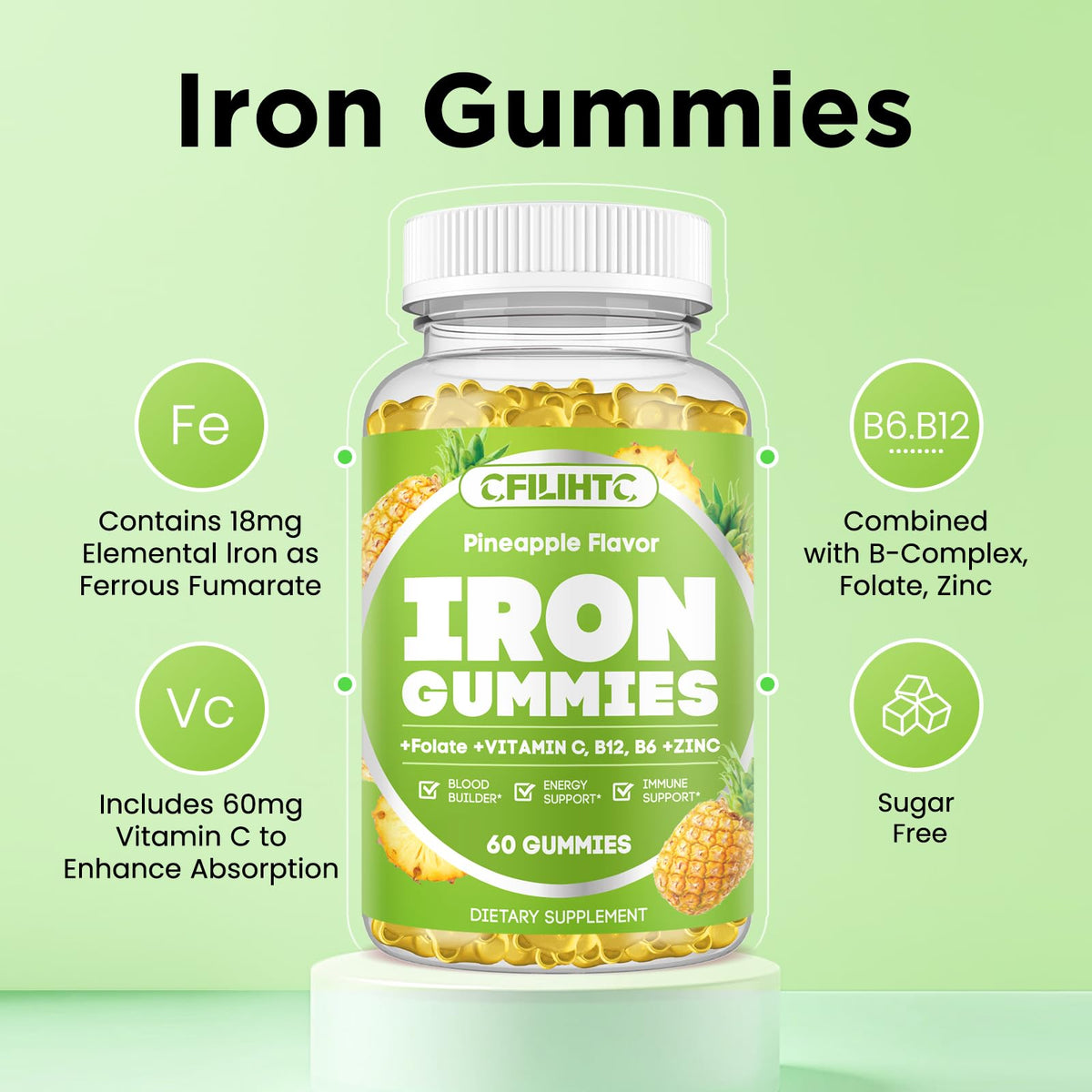 Iron Gummies for Adults & Kids – Vegan Iron Supplement with B6, B12, C, Zinc, Folate | Pineapple 60ct