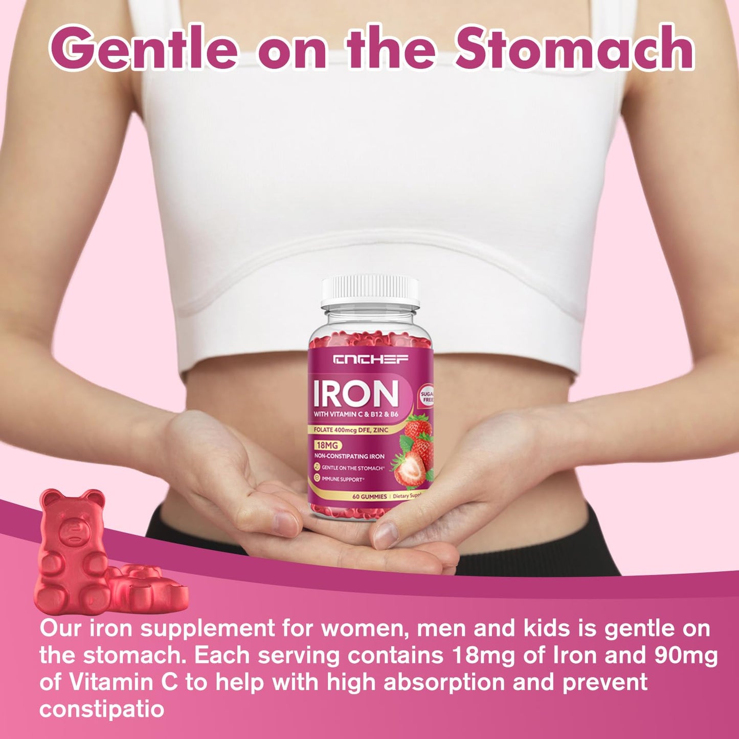 Iron Gummies for Women & Men – Vegan Iron Supplement (Strawberry) 60 Gummies