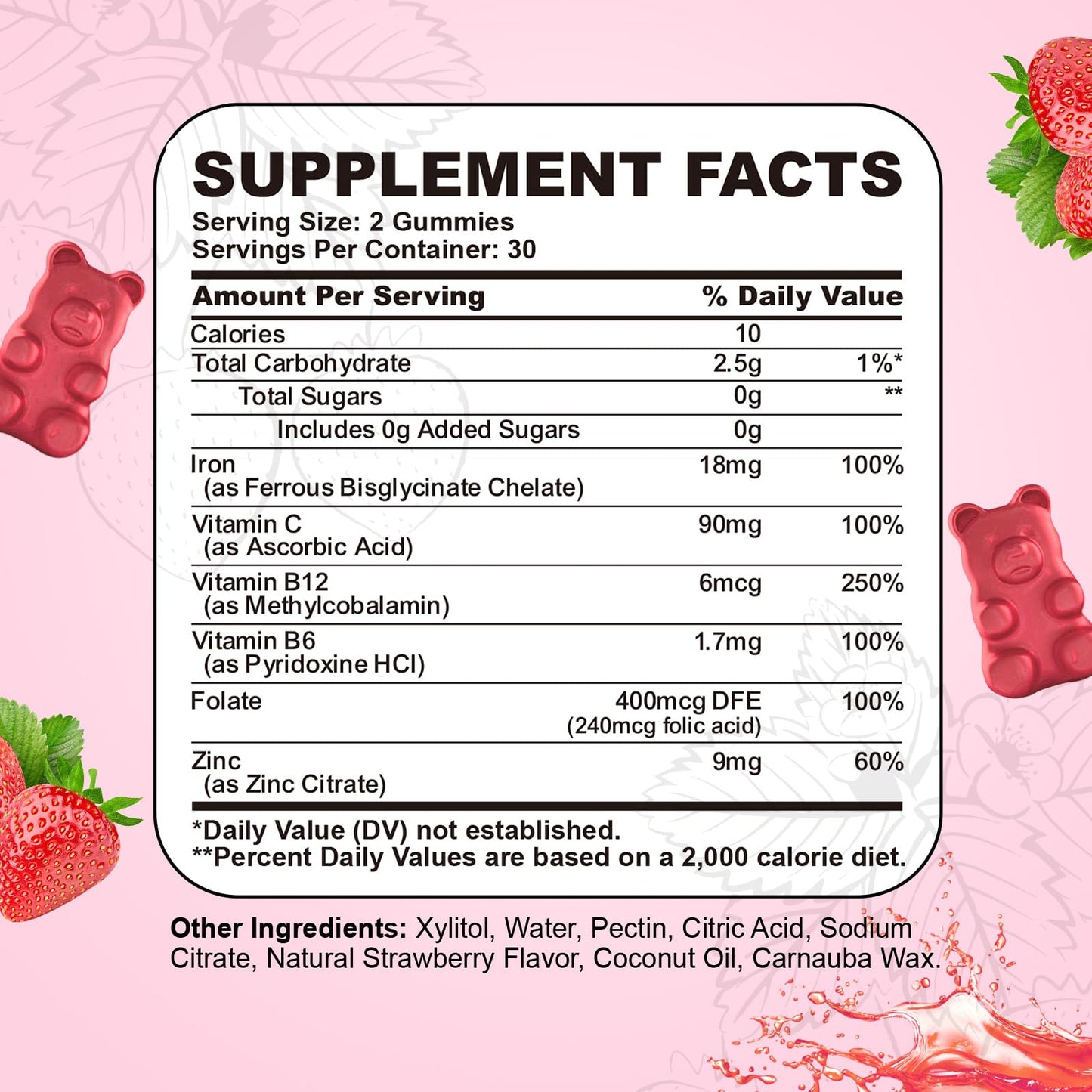 Iron Gummies for Women & Men – Vegan Iron Supplement (Strawberry) 60 Gummies