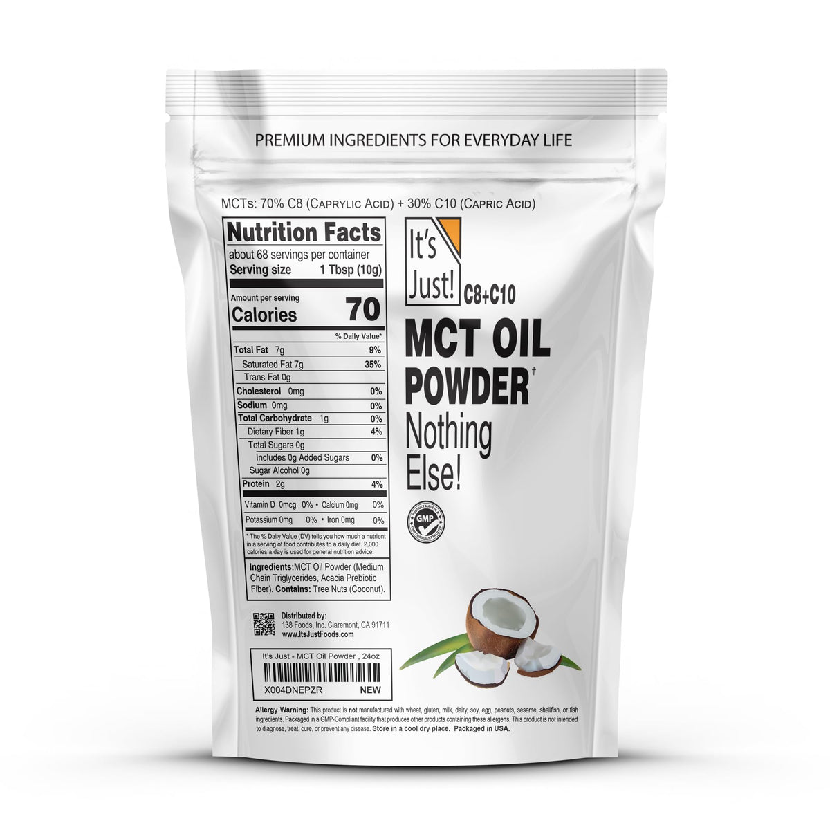 It's Just MCT Oil Powder with Prebiotic Fiber — 1.5lb, 70% C8 / 30% C10, Fast Fuel for Body & Brain, Keto Coffee Creamer, Non-GMO, Heavy Metal Tested