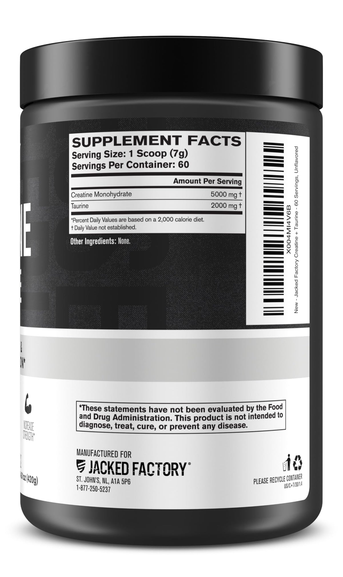 Jacked Factory Creatine + Taurine - Creatine Monohydrate 5000mg with Taurine 2000mg for Increased Muscle Strength & Cellular Hydration - 60 Servings, Unflavored