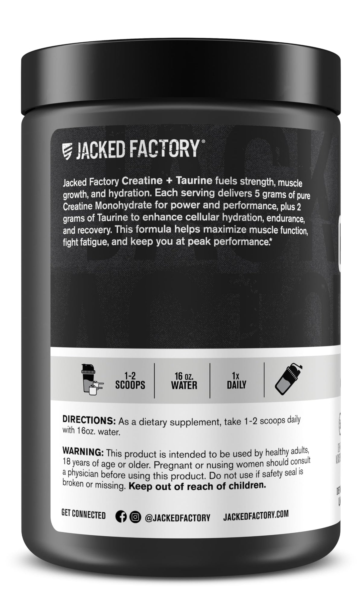 Jacked Factory Creatine + Taurine - Creatine Monohydrate 5000mg with Taurine 2000mg for Increased Muscle Strength & Cellular Hydration - 60 Servings, Unflavored