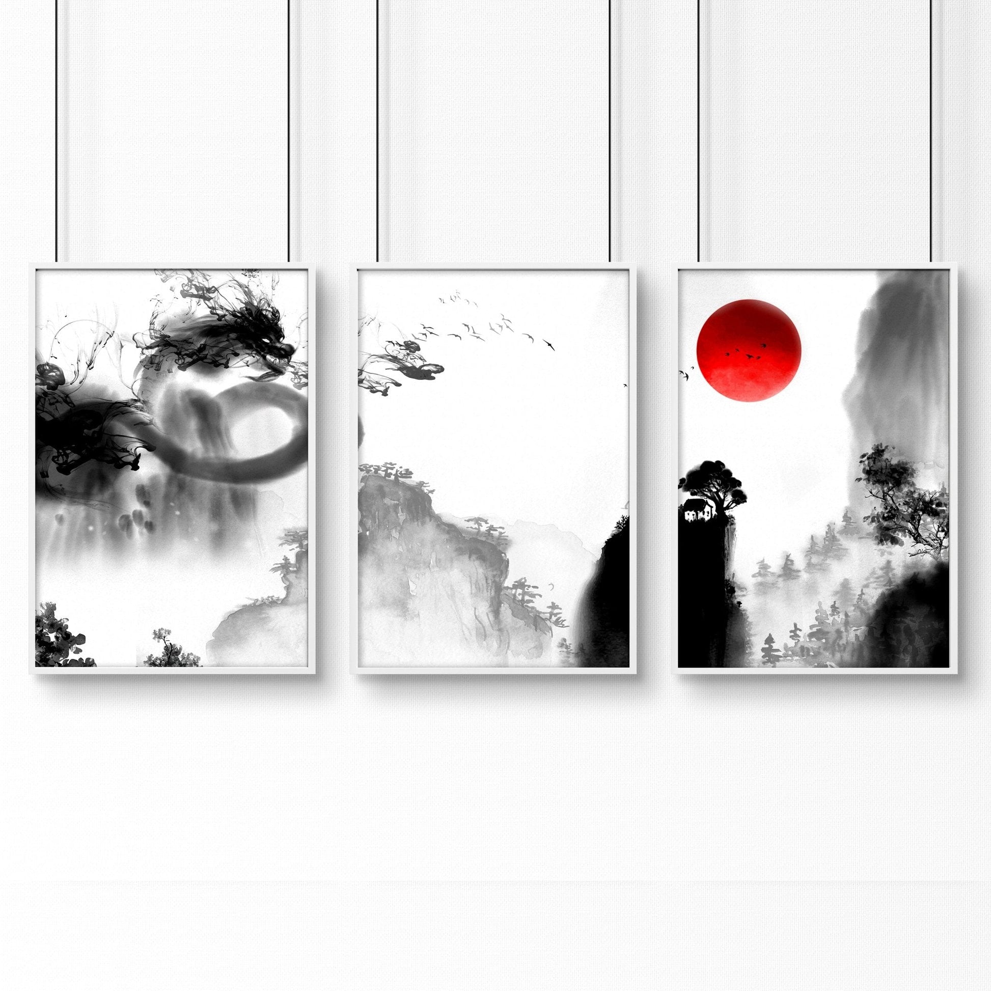 Japanese dragons art | set of 3 wall art for Home office decor