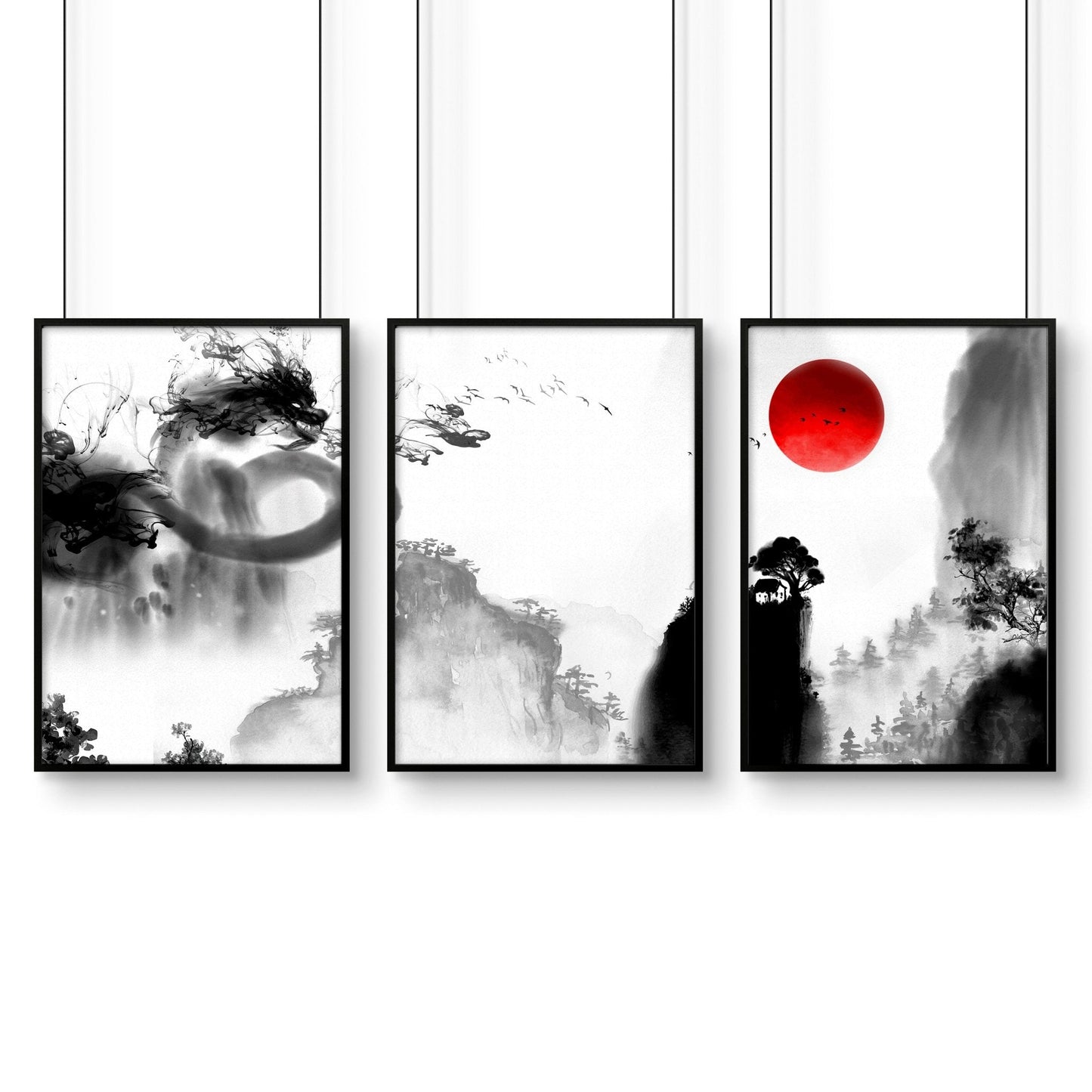 Japanese dragons art | set of 3 wall art for Home office decor