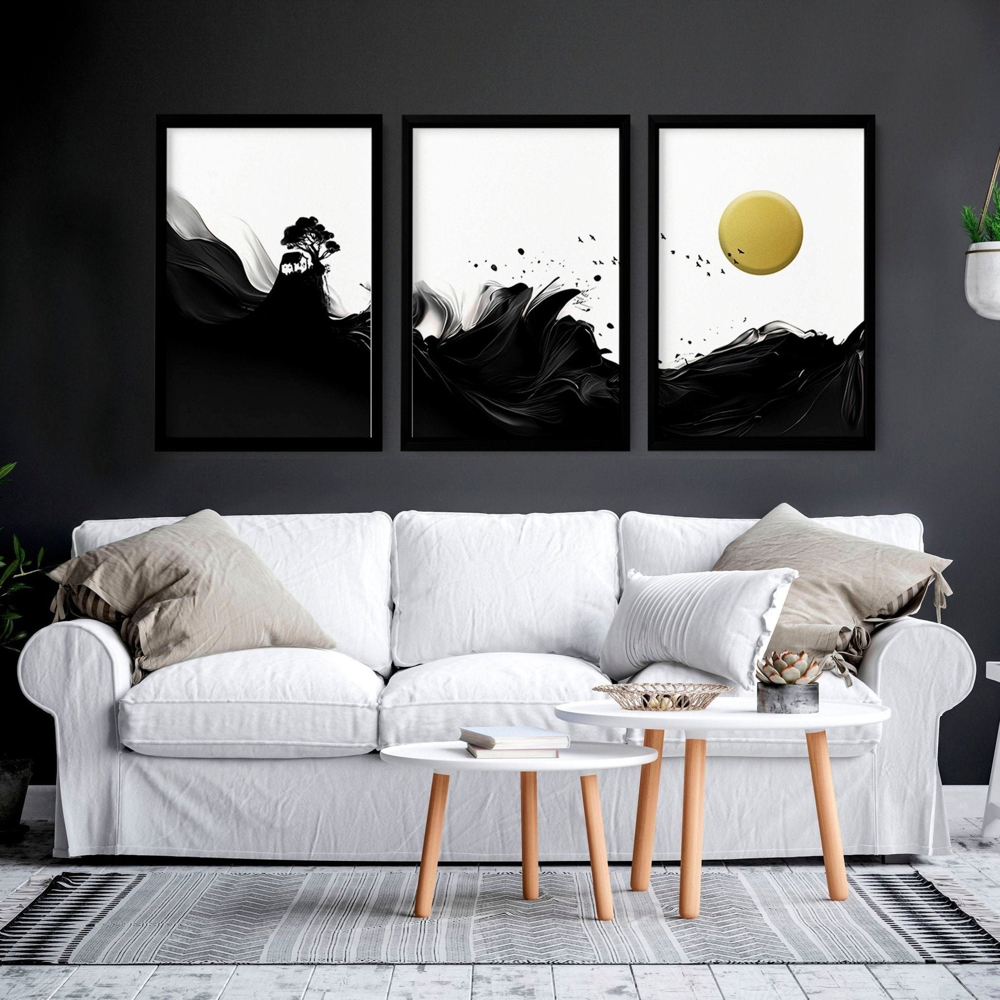 Black and white wall art | set of 3 Japanese Sunset art prints