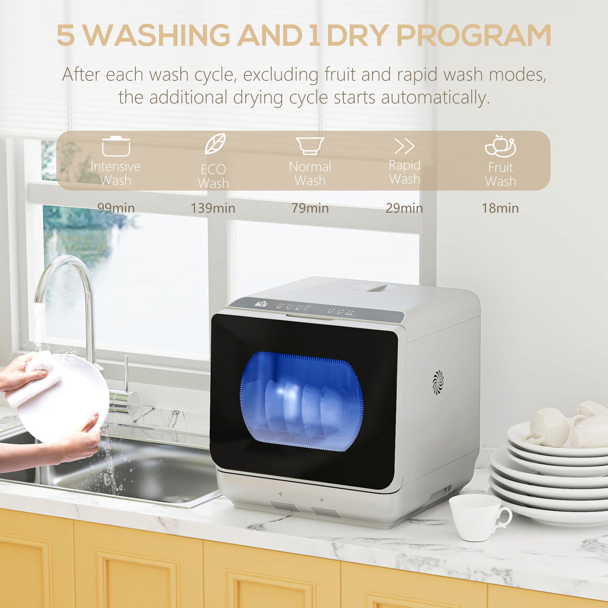 HOMCOM Worktop Dishwasher w/ 4 Place Settings 6 Programs, Silver Tone