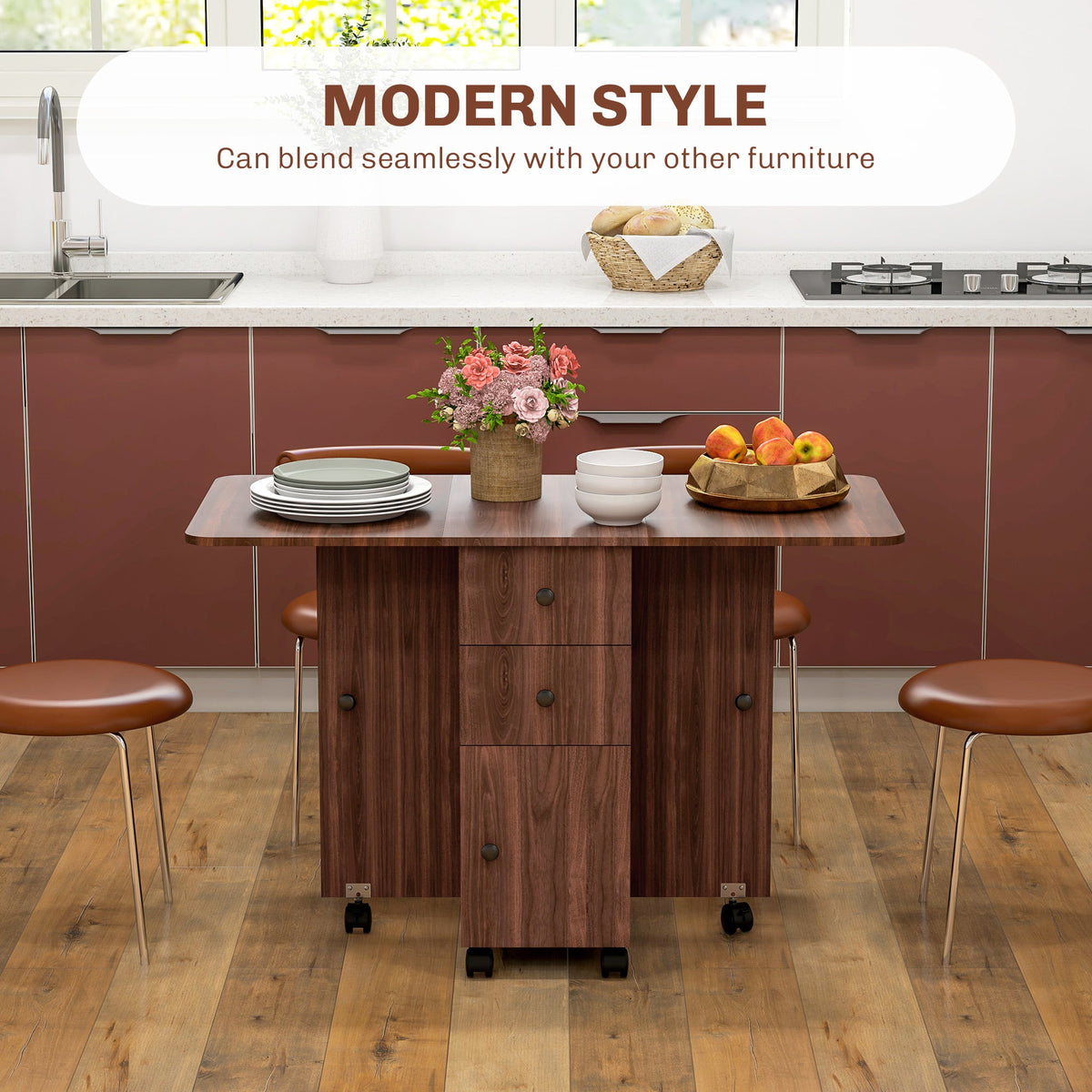 HOMCOM Folding Dining Table, Drop Leaf Table With Drawers Distressed Brown