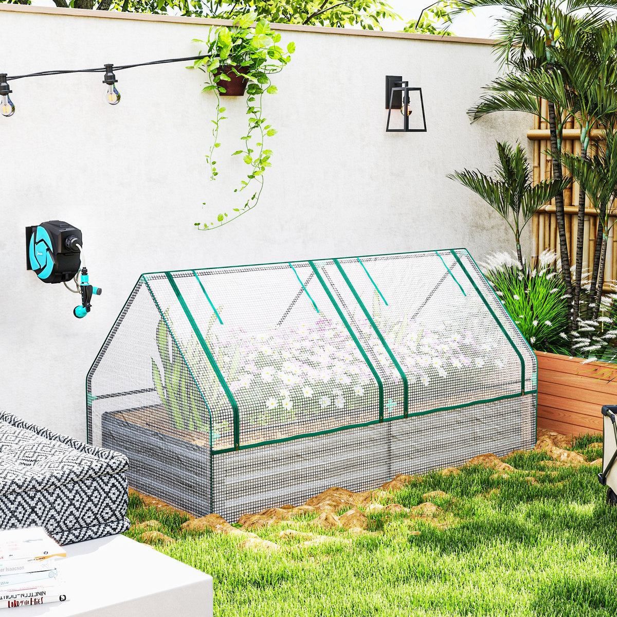 Outsunny Raised Garden Bed Planter Box with Greenhouse, White and Dark Grey