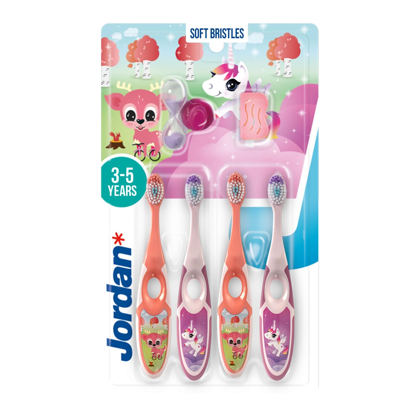 Jordan Step 2 Kids Toothbrush 3-5 Years - Soft Bristles - BPA Free - 4 Pack Pink & Yellow