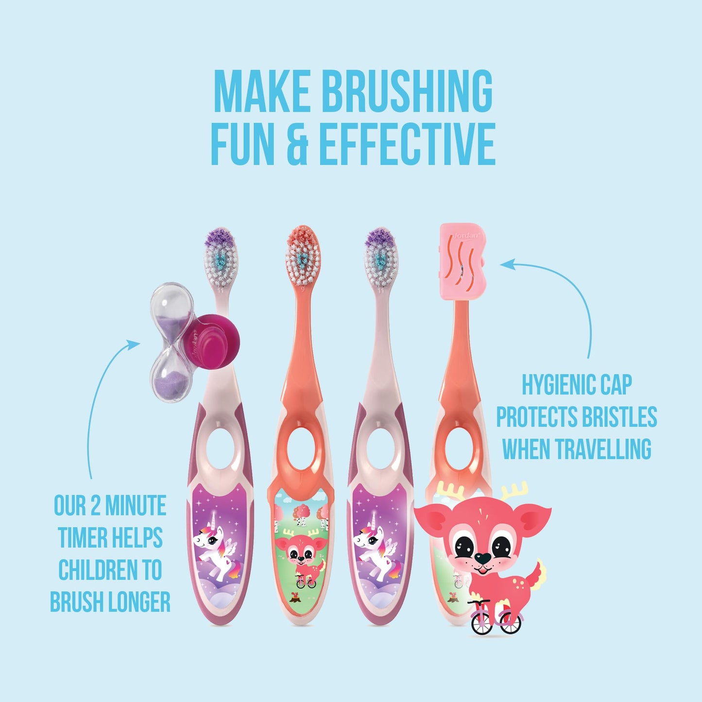 Jordan Step 2 Kids Toothbrush 3-5 Years - Soft Bristles - BPA Free - 4 Pack Pink & Yellow