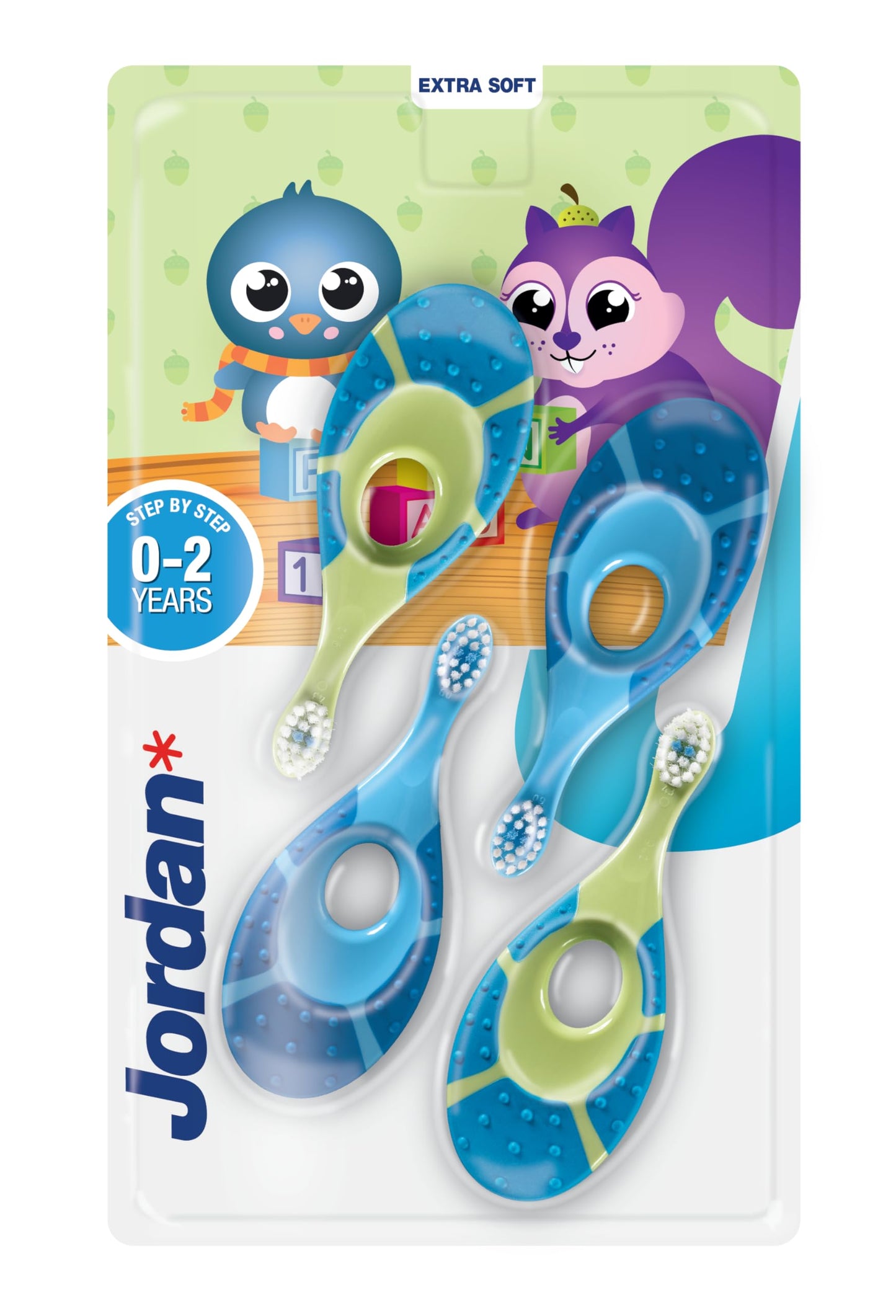 Jordan* Step 1 Baby Toothbrush – 0-2 Years | Soft Bristles | BPA Free | Green and Blue | 4 Pack