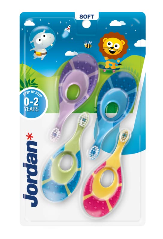 Jordan* Step 1 Baby Toothbrush – 0-2 Years | Soft Bristles | BPA Free | Green and Blue | 4 Pack