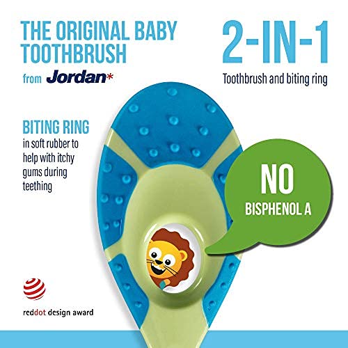 Jordan* Step 1 Baby Toothbrush – 0-2 Years | Soft Bristles | BPA Free | Green and Blue | 4 Pack