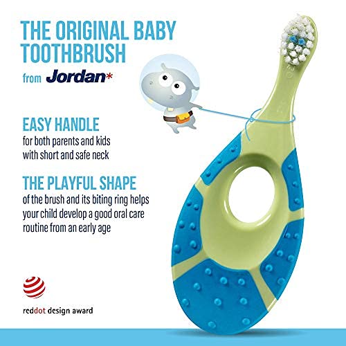 Jordan* Step 1 Baby Toothbrush – 0-2 Years | Soft Bristles | BPA Free | Green and Blue | 4 Pack
