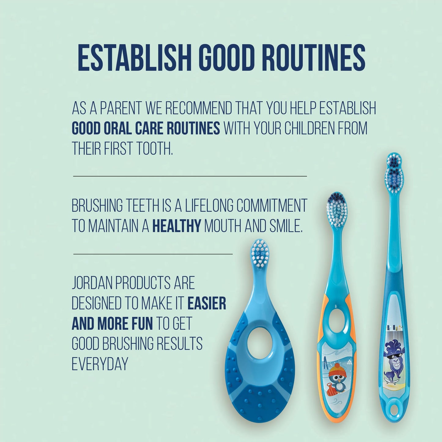 Jordan* Step 1 Baby Toothbrush – 0-2 Years | Soft Bristles | BPA Free | Green and Blue | 4 Pack