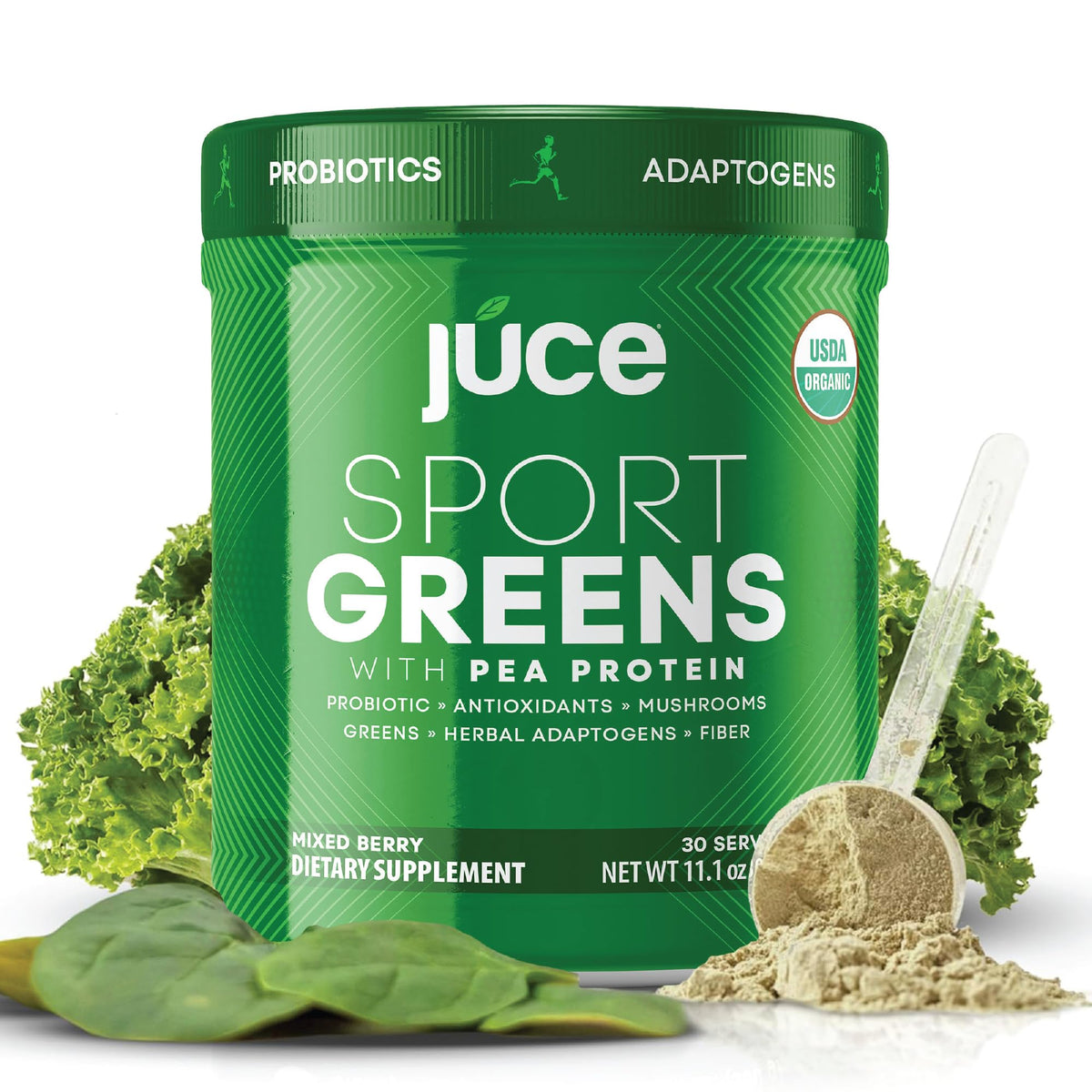 Juce SG7 Sport Greens Powder Supplement | Organic Plant Based Protein | Green Juice Powder | Probiotics | Mushrooms | Mixed Berry Flavor | 30 Servings | By Terra Kai Organics