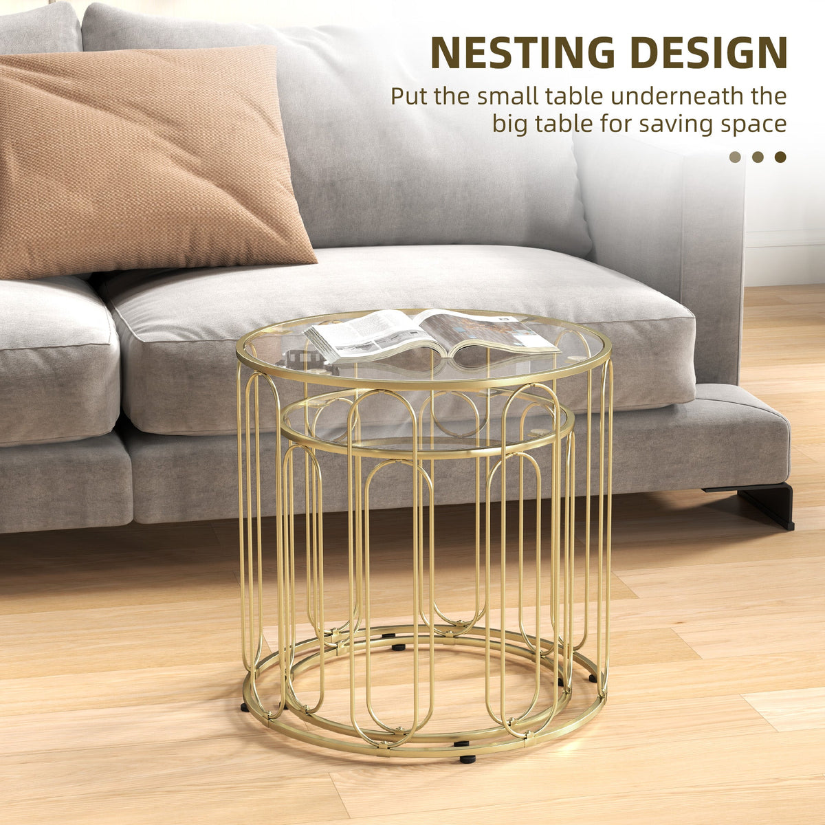HOMCOM Coffee Table Set of 2, Nest of Tables with Metal Frame, Gold Tone