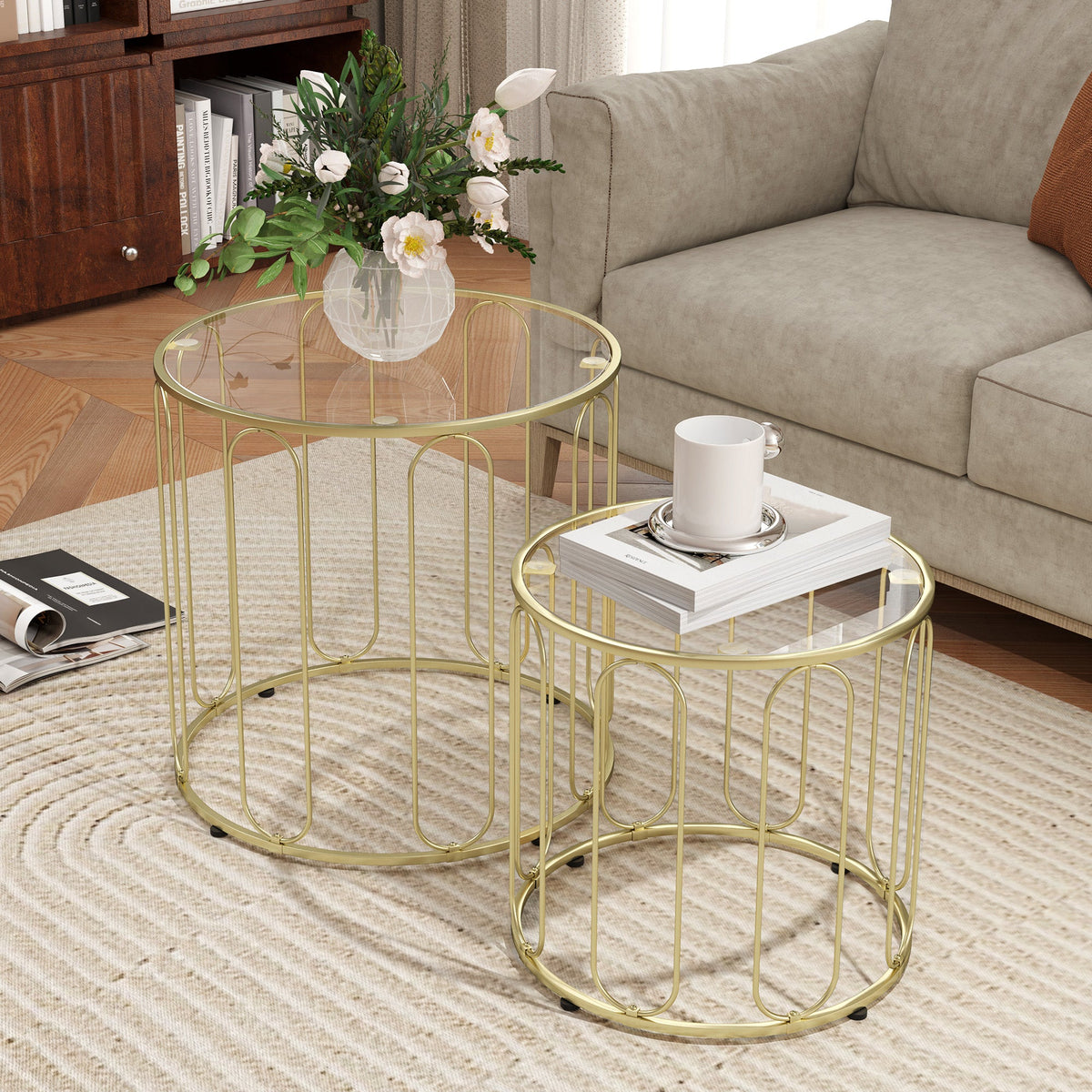 HOMCOM Coffee Table Set of 2, Nest of Tables with Metal Frame, Gold Tone
