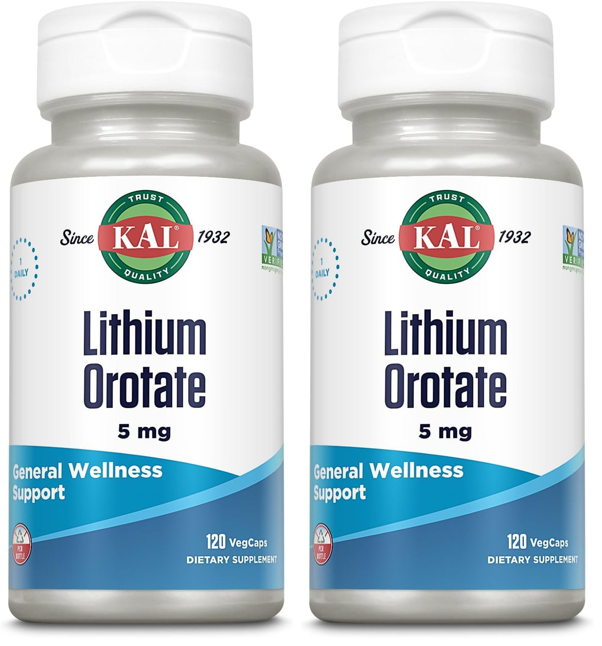 KAL Lithium Orotate 5 mg – 120 VegCaps (Pack of 2) | Mood Support